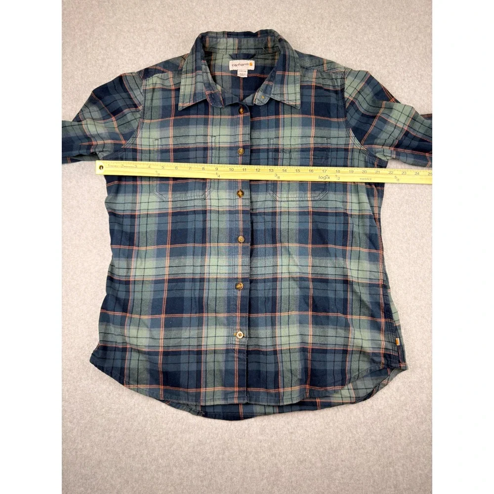 Carhartt Womens Plaid Flannel Shirt Blue L 12/14 Cabincore Gorpcore Cottagecore